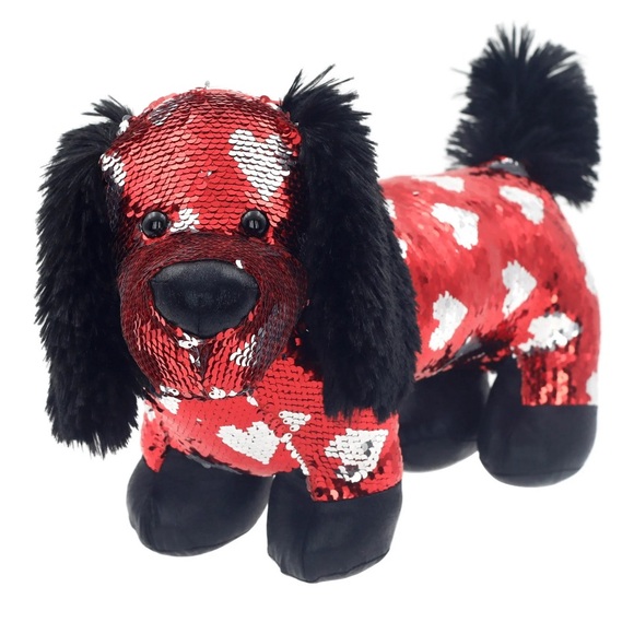Red & Black color Changing Sequined Hearts Dachshund Dog Pet Plush Toy - Picture 2 of 6